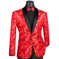 VINCI Men's Red Paisley Embroidered Slim-Fit Blazer with Bow Tie - NEW. Features a sleek slim-fit silhouette, sateen shawl lapel, and elegant paisley embroidery. A perfect choice for weddings, proms, and formal events. Available at Fashion House Inc. (FH Menswear)