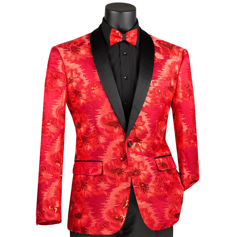 VINCI Men's Red Paisley Embroidered Slim-Fit Blazer with Bow Tie - NEW. Features a sleek slim-fit silhouette, sateen shawl lapel, and elegant paisley embroidery. A perfect choice for weddings, proms, and formal events. Available at Fashion House Inc. (FH Menswear)