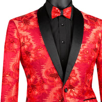 VINCI Men's Red Paisley Embroidered Slim-Fit Blazer with Bow Tie - NEW. Features a sleek slim-fit silhouette, sateen shawl lapel, and elegant paisley embroidery. A perfect choice for weddings, proms, and formal events. Available at Fashion House Inc. (FH Menswear)
