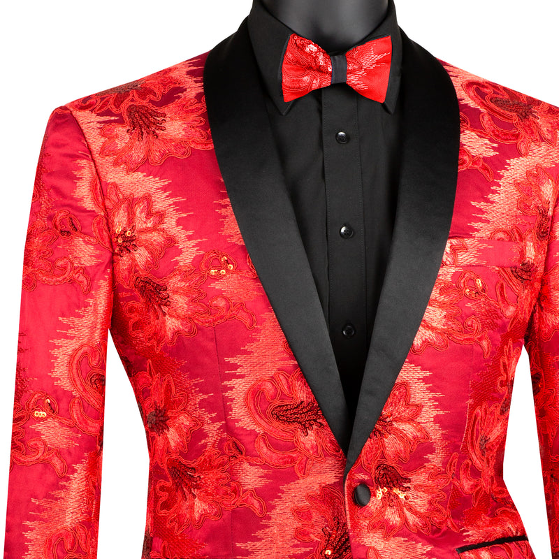 VINCI Men's Red Paisley Embroidered Slim-Fit Blazer with Bow Tie - NEW. Features a sleek slim-fit silhouette, sateen shawl lapel, and elegant paisley embroidery. A perfect choice for weddings, proms, and formal events. Available at Fashion House Inc. (FH Menswear)