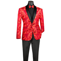 VINCI Men's Red Paisley Embroidered Slim-Fit Blazer with Bow Tie - NEW. Features a sleek slim-fit silhouette, sateen shawl lapel, and elegant paisley embroidery. A perfect choice for weddings, proms, and formal events. Available at Fashion House Inc. (FH Menswear)