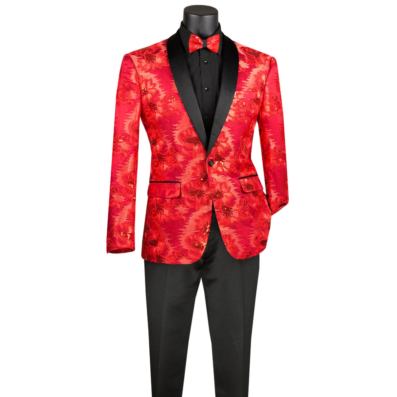 VINCI Men's Red Paisley Embroidered Slim-Fit Blazer with Bow Tie - NEW. Features a sleek slim-fit silhouette, sateen shawl lapel, and elegant paisley embroidery. A perfect choice for weddings, proms, and formal events. Available at Fashion House Inc. (FH Menswear)