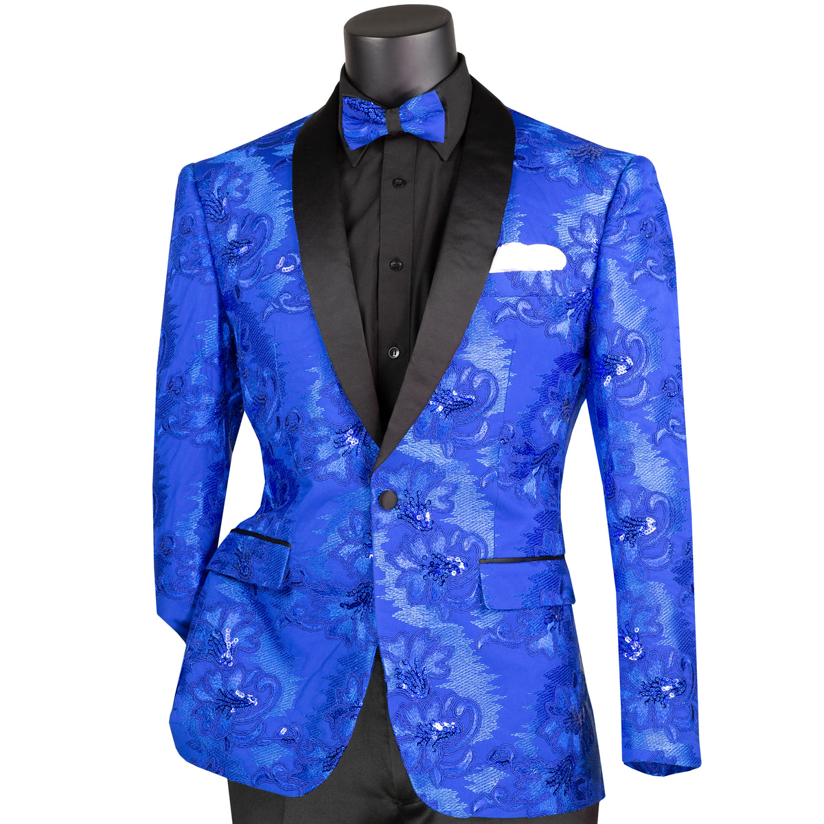 VINCI Men's Royal Blue Paisley Embroidered Slim-Fit Blazer with Bow Tie - NEW. Features a sleek slim-fit silhouette, sateen shawl lapel, and elegant paisley embroidery. A perfect choice for weddings, proms, and formal events. Available at Fashion House Inc. (FH Menswear)