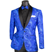 VINCI Men's Royal Blue Paisley Embroidered Slim-Fit Blazer with Bow Tie - NEW. Features a sleek slim-fit silhouette, sateen shawl lapel, and elegant paisley embroidery. A perfect choice for weddings, proms, and formal events. Available at Fashion House Inc. (FH Menswear)