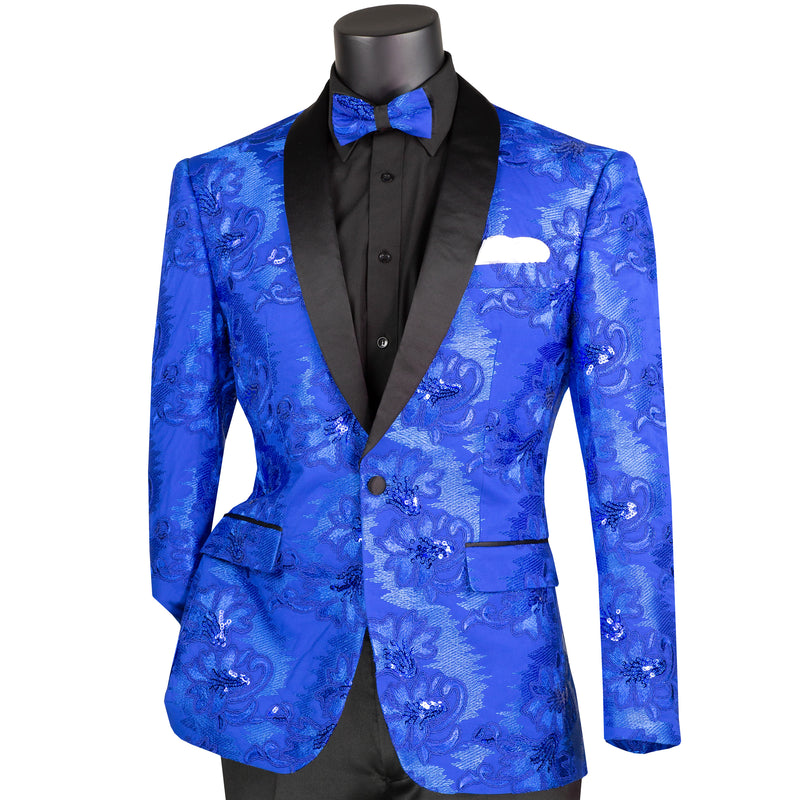 VINCI Men's Royal Blue Paisley Embroidered Slim-Fit Blazer with Bow Tie - NEW. Features a sleek slim-fit silhouette, sateen shawl lapel, and elegant paisley embroidery. A perfect choice for weddings, proms, and formal events. Available at Fashion House Inc. (FH Menswear)