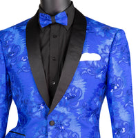VINCI Men's Royal Blue Paisley Embroidered Slim-Fit Blazer with Bow Tie - NEW. Features a sleek slim-fit silhouette, sateen shawl lapel, and elegant paisley embroidery. A perfect choice for weddings, proms, and formal events. Available at Fashion House Inc. (FH Menswear)