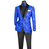 VINCI Men's Royal Blue Paisley Embroidered Slim-Fit Blazer with Bow Tie - NEW. Features a sleek slim-fit silhouette, sateen shawl lapel, and elegant paisley embroidery. A perfect choice for weddings, proms, and formal events. Available at Fashion House Inc. (FH Menswear)