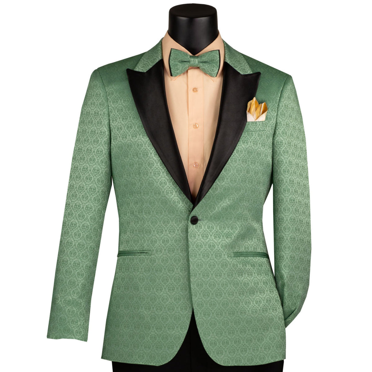 VINCI Men's Basile Green Jacquard Slim Fit Tuxedo Jacket with Bow Tie – NEW. Features a sleek modern silhouette, bold jacquard texture, and wide sateen peak lapel for standout formal style. Perfect for weddings, prom nights, and upscale events. Available at Fashion House Inc. (FH Menswear, Style #BSF-20)