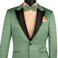 VINCI Men's Basile Green Jacquard Slim Fit Tuxedo Jacket with Bow Tie – NEW. Features a sleek modern silhouette, bold jacquard texture, and wide sateen peak lapel for standout formal style. Perfect for weddings, prom nights, and upscale events. Available at Fashion House Inc. (FH Menswear, Style #BSF-20)