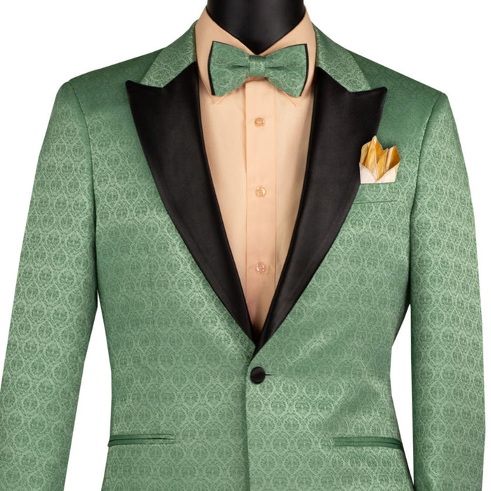 VINCI Men's Basile Green Jacquard Slim Fit Tuxedo Jacket with Bow Tie – NEW. Features a sleek modern silhouette, bold jacquard texture, and wide sateen peak lapel for standout formal style. Perfect for weddings, prom nights, and upscale events. Available at Fashion House Inc. (FH Menswear, Style #BSF-20)