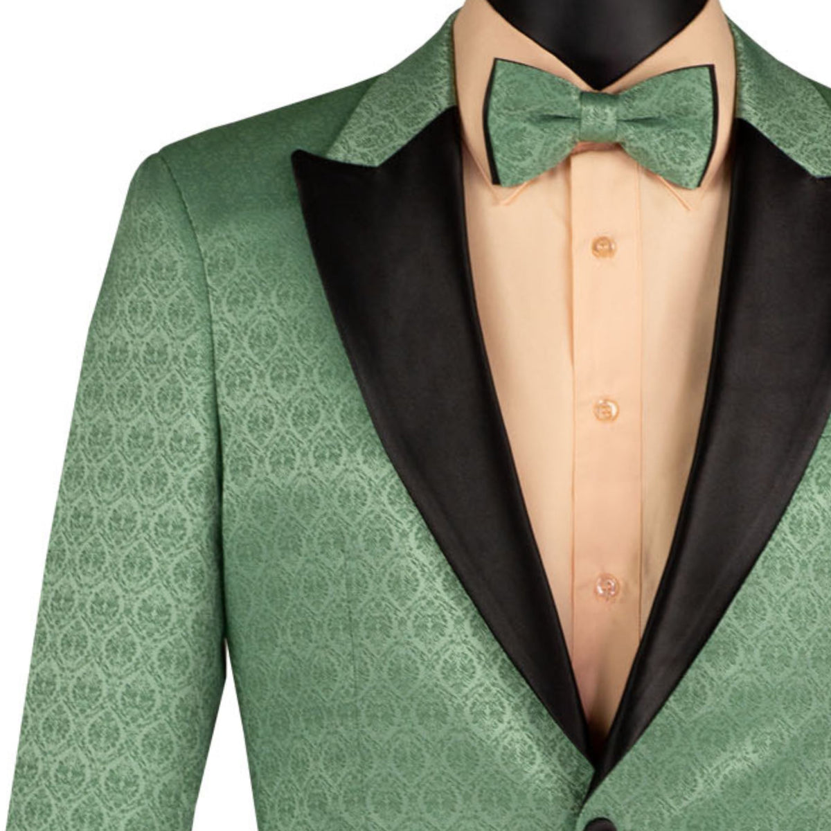 VINCI Men's Basile Green Jacquard Slim Fit Tuxedo Jacket with Bow Tie – NEW. Features a sleek modern silhouette, bold jacquard texture, and wide sateen peak lapel for standout formal style. Perfect for weddings, prom nights, and upscale events. Available at Fashion House Inc. (FH Menswear, Style #BSF-20)