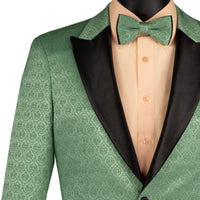 VINCI Men's Basile Green Jacquard Slim Fit Tuxedo Jacket with Bow Tie – NEW. Features a sleek modern silhouette, bold jacquard texture, and wide sateen peak lapel for standout formal style. Perfect for weddings, prom nights, and upscale events. Available at Fashion House Inc. (FH Menswear, Style #BSF-20)