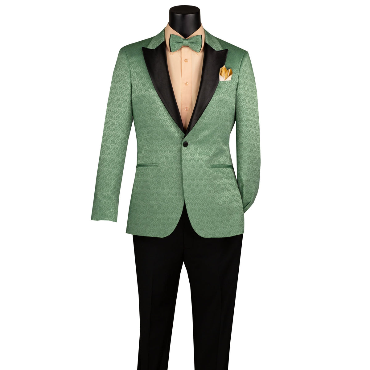 VINCI Men's Basile Green Jacquard Slim Fit Tuxedo Jacket with Bow Tie – NEW. Features a sleek modern silhouette, bold jacquard texture, and wide sateen peak lapel for standout formal style. Perfect for weddings, prom nights, and upscale events. Available at Fashion House Inc. (FH Menswear, Style #BSF-20)