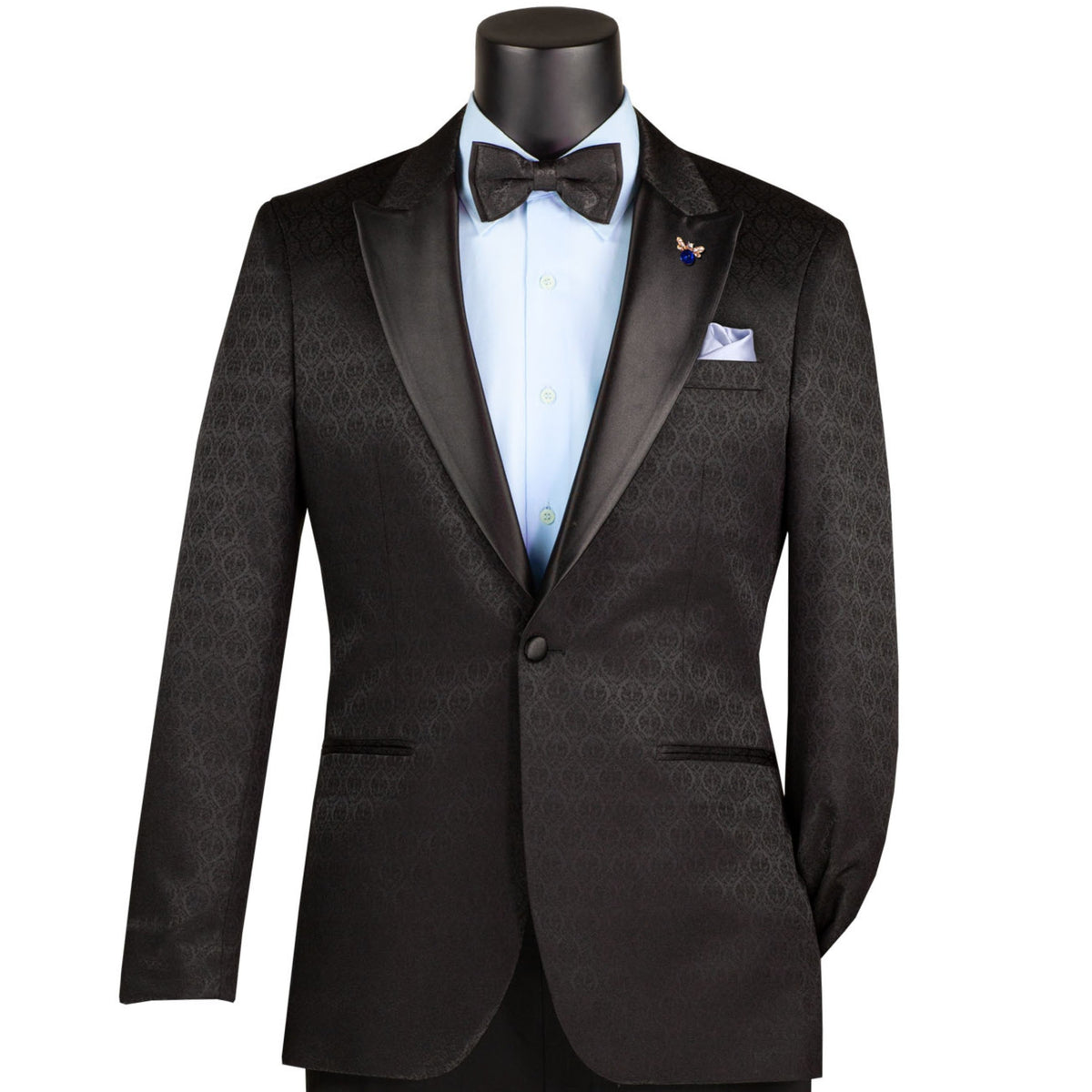 VINCI Men's Black Jacquard Slim Fit Tuxedo Jacket with Bow Tie – NEW. Features a sleek modern silhouette, bold jacquard texture, and wide sateen peak lapel for standout formal style. Perfect for weddings, prom nights, and upscale events. Available at Fashion House Inc. (FH Menswear, Style #BSF-20)