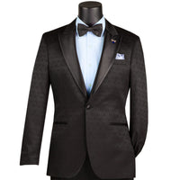 VINCI Men's Black Jacquard Slim Fit Tuxedo Jacket with Bow Tie – NEW. Features a sleek modern silhouette, bold jacquard texture, and wide sateen peak lapel for standout formal style. Perfect for weddings, prom nights, and upscale events. Available at Fashion House Inc. (FH Menswear, Style #BSF-20)