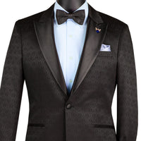 VINCI Men's Black Jacquard Slim Fit Tuxedo Jacket with Bow Tie – NEW. Features a sleek modern silhouette, bold jacquard texture, and wide sateen peak lapel for standout formal style. Perfect for weddings, prom nights, and upscale events. Available at Fashion House Inc. (FH Menswear, Style #BSF-20)