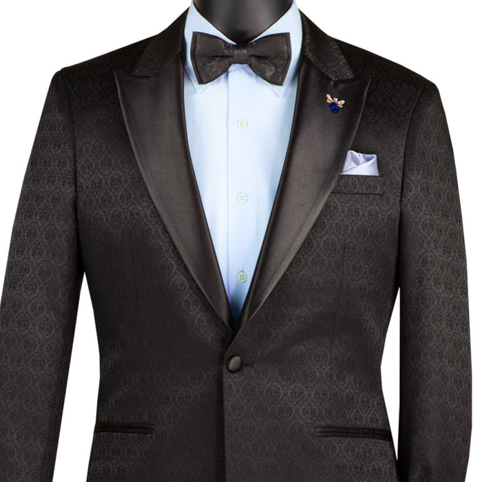 VINCI Men's Black Jacquard Slim Fit Tuxedo Jacket with Bow Tie – NEW. Features a sleek modern silhouette, bold jacquard texture, and wide sateen peak lapel for standout formal style. Perfect for weddings, prom nights, and upscale events. Available at Fashion House Inc. (FH Menswear, Style #BSF-20)