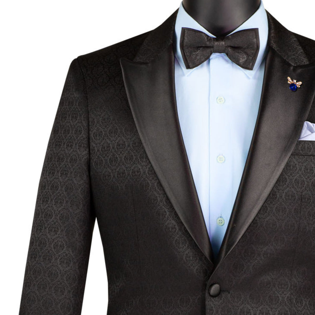 VINCI Men's Black Jacquard Slim Fit Tuxedo Jacket with Bow Tie – NEW. Features a sleek modern silhouette, bold jacquard texture, and wide sateen peak lapel for standout formal style. Perfect for weddings, prom nights, and upscale events. Available at Fashion House Inc. (FH Menswear, Style #BSF-20)