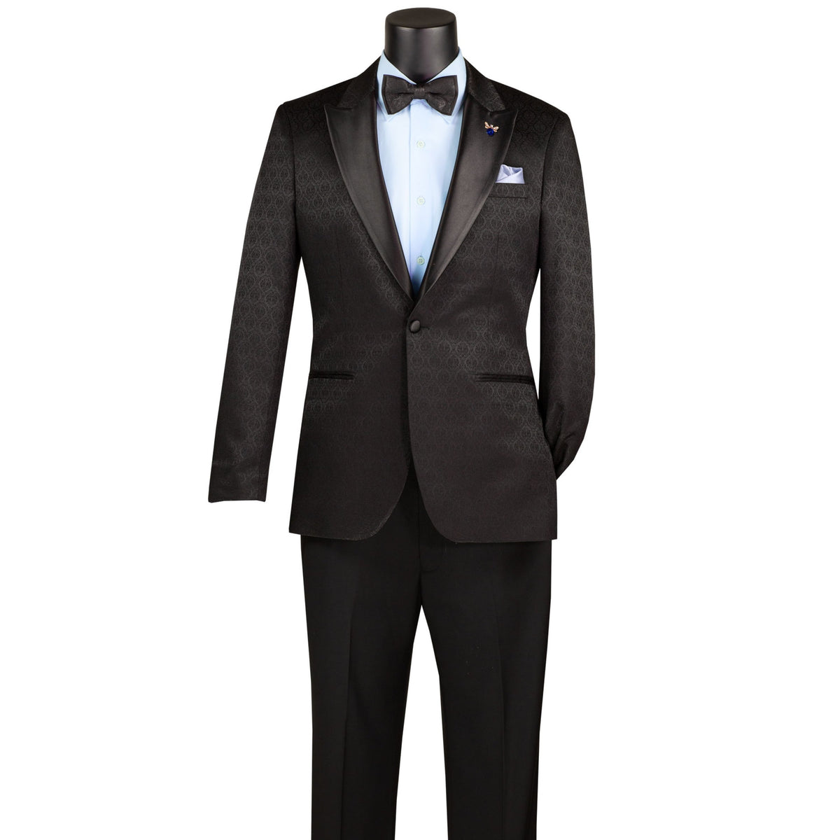 VINCI Men's Black Jacquard Slim Fit Tuxedo Jacket with Bow Tie – NEW. Features a sleek modern silhouette, bold jacquard texture, and wide sateen peak lapel for standout formal style. Perfect for weddings, prom nights, and upscale events. Available at Fashion House Inc. (FH Menswear, Style #BSF-20)