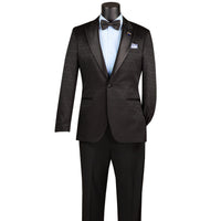 VINCI Men's Black Jacquard Slim Fit Tuxedo Jacket with Bow Tie – NEW. Features a sleek modern silhouette, bold jacquard texture, and wide sateen peak lapel for standout formal style. Perfect for weddings, prom nights, and upscale events. Available at Fashion House Inc. (FH Menswear, Style #BSF-20)