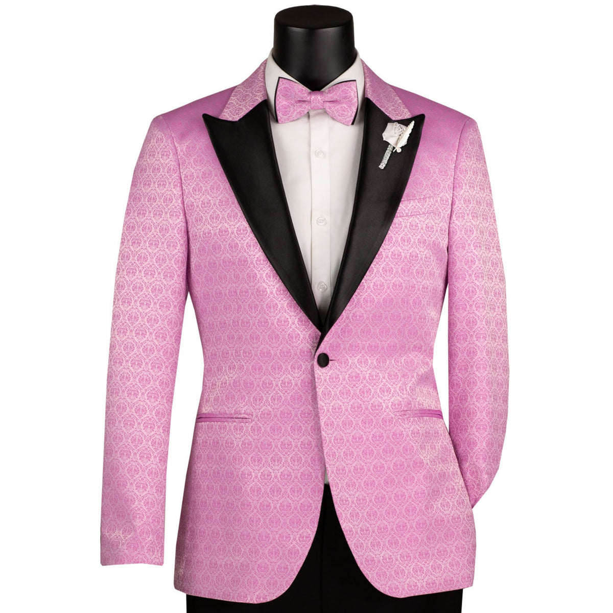 VINCI Men's Lilac Purple Jacquard Slim Fit Tuxedo Jacket with Bow Tie – NEW. Features a sleek modern silhouette, bold jacquard texture, and wide sateen peak lapel for standout formal style. Perfect for weddings, prom nights, and upscale events. Available at Fashion House Inc. (FH Menswear, Style #BSF-20)