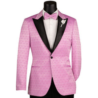 VINCI Men's Lilac Purple Jacquard Slim Fit Tuxedo Jacket with Bow Tie – NEW. Features a sleek modern silhouette, bold jacquard texture, and wide sateen peak lapel for standout formal style. Perfect for weddings, prom nights, and upscale events. Available at Fashion House Inc. (FH Menswear, Style #BSF-20)