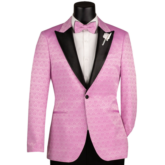 VINCI Men's Lilac Purple Jacquard Slim Fit Tuxedo Jacket with Bow Tie – NEW. Features a sleek modern silhouette, bold jacquard texture, and wide sateen peak lapel for standout formal style. Perfect for weddings, prom nights, and upscale events. Available at Fashion House Inc. (FH Menswear, Style #BSF-20)