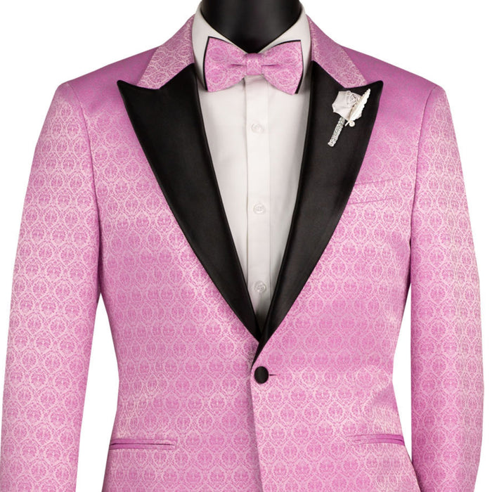 VINCI Men's Lilac Purple Jacquard Slim Fit Tuxedo Jacket with Bow Tie – NEW. Features a sleek modern silhouette, bold jacquard texture, and wide sateen peak lapel for standout formal style. Perfect for weddings, prom nights, and upscale events. Available at Fashion House Inc. (FH Menswear, Style #BSF-20)