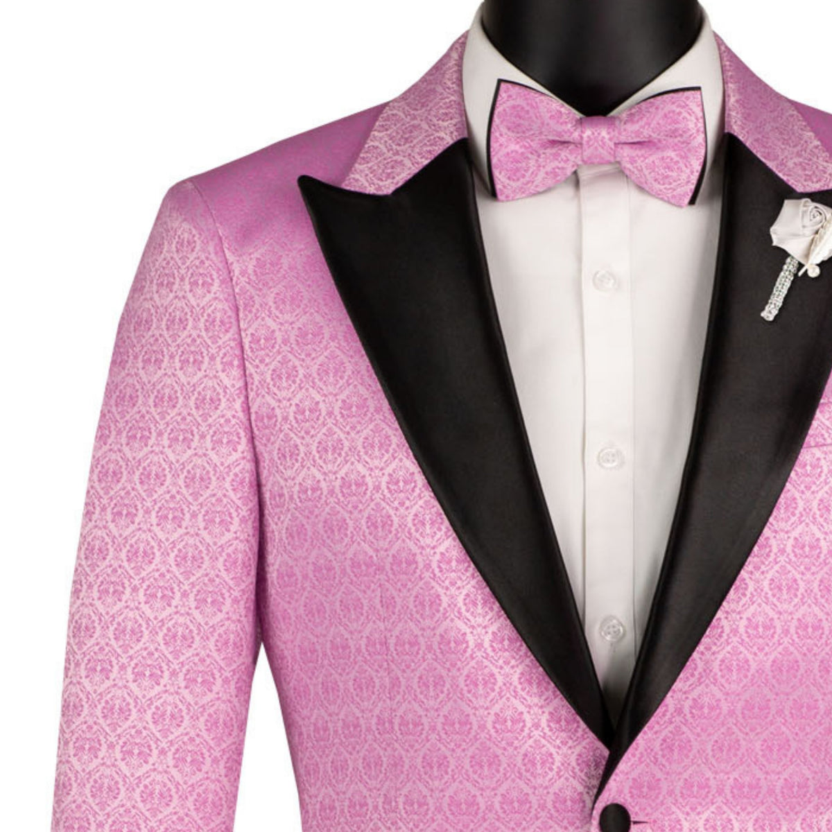 VINCI Men's Lilac Purple Jacquard Slim Fit Tuxedo Jacket with Bow Tie – NEW. Features a sleek modern silhouette, bold jacquard texture, and wide sateen peak lapel for standout formal style. Perfect for weddings, prom nights, and upscale events. Available at Fashion House Inc. (FH Menswear, Style #BSF-20)