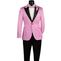 VINCI Men's Lilac Purple Jacquard Slim Fit Tuxedo Jacket with Bow Tie – NEW. Features a sleek modern silhouette, bold jacquard texture, and wide sateen peak lapel for standout formal style. Perfect for weddings, prom nights, and upscale events. Available at Fashion House Inc. (FH Menswear, Style #BSF-20)