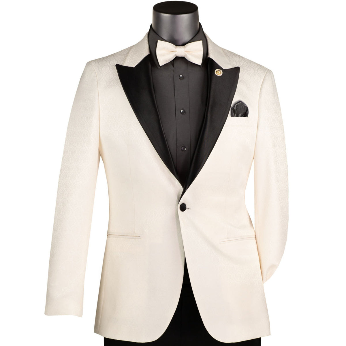 VINCI Men's Off White Jacquard Slim Fit Tuxedo Jacket with Bow Tie – NEW. Features a sleek modern silhouette, bold jacquard texture, and wide sateen peak lapel for standout formal style. Perfect for weddings, prom nights, and upscale events. Available at Fashion House Inc. (FH Menswear, Style #BSF-20)
