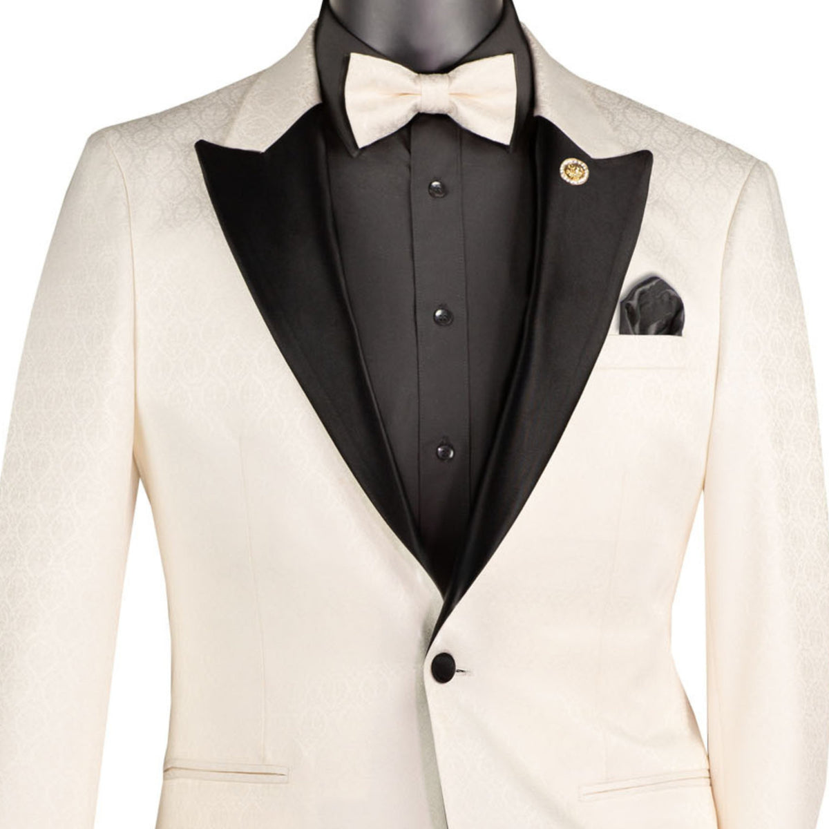 VINCI Men's Off White Jacquard Slim Fit Tuxedo Jacket with Bow Tie – NEW. Features a sleek modern silhouette, bold jacquard texture, and wide sateen peak lapel for standout formal style. Perfect for weddings, prom nights, and upscale events. Available at Fashion House Inc. (FH Menswear, Style #BSF-20)