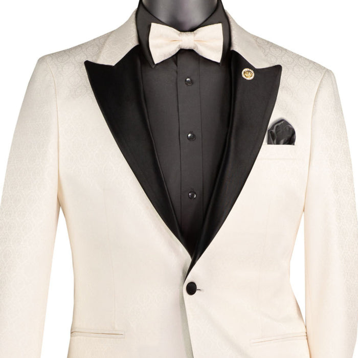 VINCI Men's Off White Jacquard Slim Fit Tuxedo Jacket with Bow Tie – NEW. Features a sleek modern silhouette, bold jacquard texture, and wide sateen peak lapel for standout formal style. Perfect for weddings, prom nights, and upscale events. Available at Fashion House Inc. (FH Menswear, Style #BSF-20)