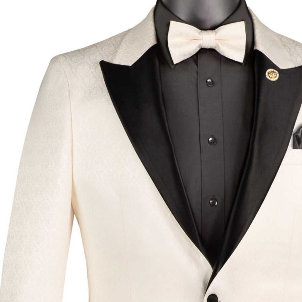 VINCI Men's Off White Jacquard Slim Fit Tuxedo Jacket with Bow Tie – NEW. Features a sleek modern silhouette, bold jacquard texture, and wide sateen peak lapel for standout formal style. Perfect for weddings, prom nights, and upscale events. Available at Fashion House Inc. (FH Menswear, Style #BSF-20)
