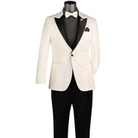 VINCI Men's Off White Jacquard Slim Fit Tuxedo Jacket with Bow Tie – NEW. Features a sleek modern silhouette, bold jacquard texture, and wide sateen peak lapel for standout formal style. Perfect for weddings, prom nights, and upscale events. Available at Fashion House Inc. (FH Menswear, Style #BSF-20)