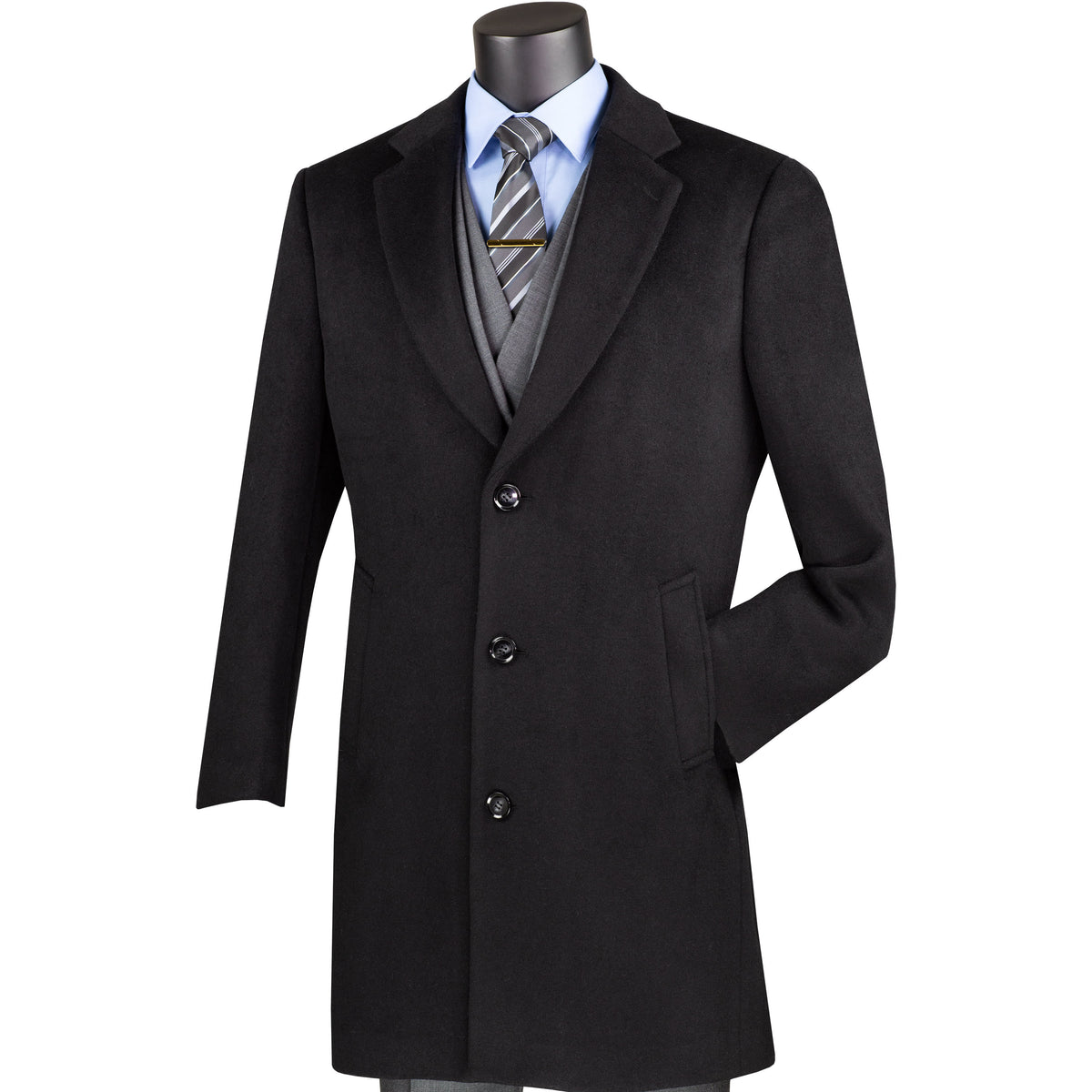 VINCI Men's Black 2-Button 38" Long Regular Fit Car Coat – NEW. Crafted from a luxurious wool/cashmere blend with a classic notch lapel and full lining for warmth and refined style. A sophisticated essential for cold-weather occasions. Available at Fashion House Inc. (FH Menswear, Style #CL38)