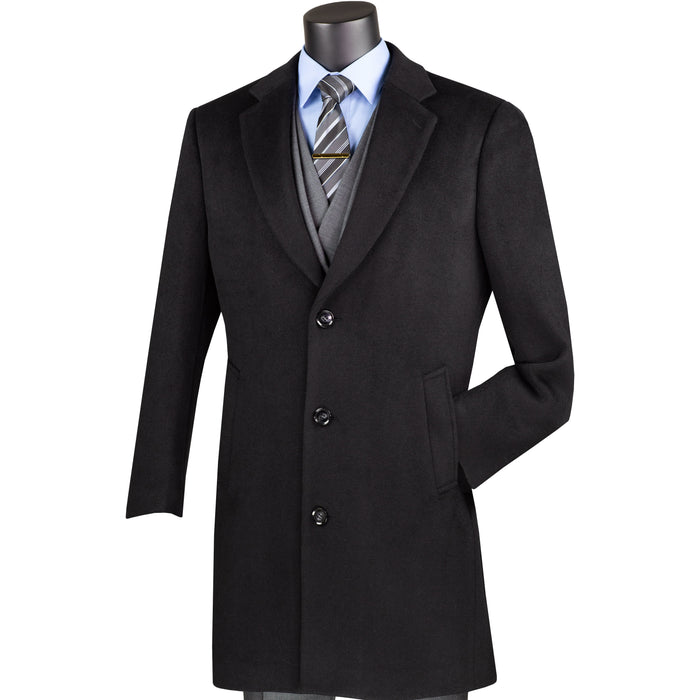 VINCI Men's Black 2-Button 38" Long Regular Fit Car Coat – NEW. Crafted from a luxurious wool/cashmere blend with a classic notch lapel and full lining for warmth and refined style. A sophisticated essential for cold-weather occasions. Available at Fashion House Inc. (FH Menswear, Style #CL38)
