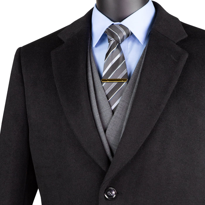 VINCI Men's Black 2-Button 38" Long Regular Fit Car Coat – NEW. Crafted from a luxurious wool/cashmere blend with a classic notch lapel and full lining for warmth and refined style. A sophisticated essential for cold-weather occasions. Available at Fashion House Inc. (FH Menswear, Style #CL38)