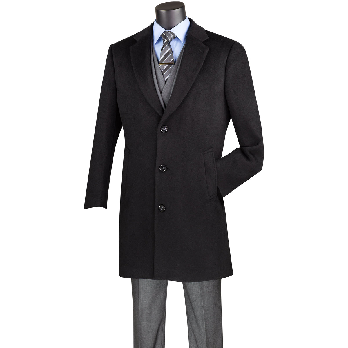 VINCI Men's Black 2-Button 38" Long Regular Fit Car Coat – NEW. Crafted from a luxurious wool/cashmere blend with a classic notch lapel and full lining for warmth and refined style. A sophisticated essential for cold-weather occasions. Available at Fashion House Inc. (FH Menswear, Style #CL38)