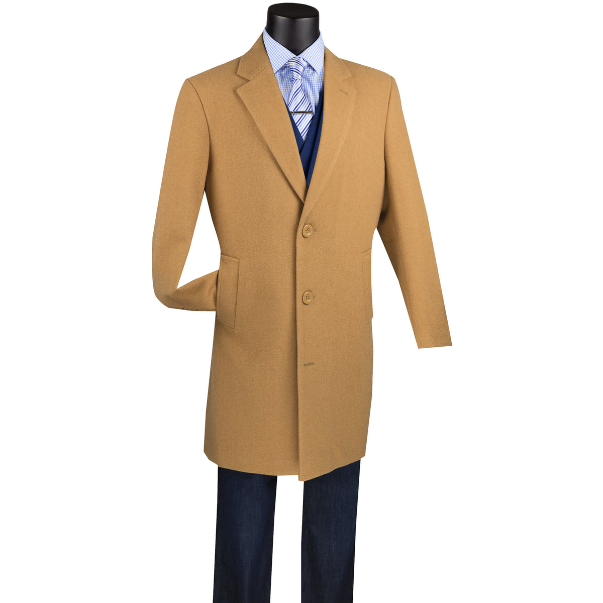 VINCI Men's Camel Beige 2-Button 38" Long Regular Fit Car Coat – NEW. Crafted from a luxurious wool/cashmere blend with a classic notch lapel and full lining for warmth and refined style. A sophisticated essential for cold-weather occasions. Available at Fashion House Inc. (FH Menswear, Style #CL38)