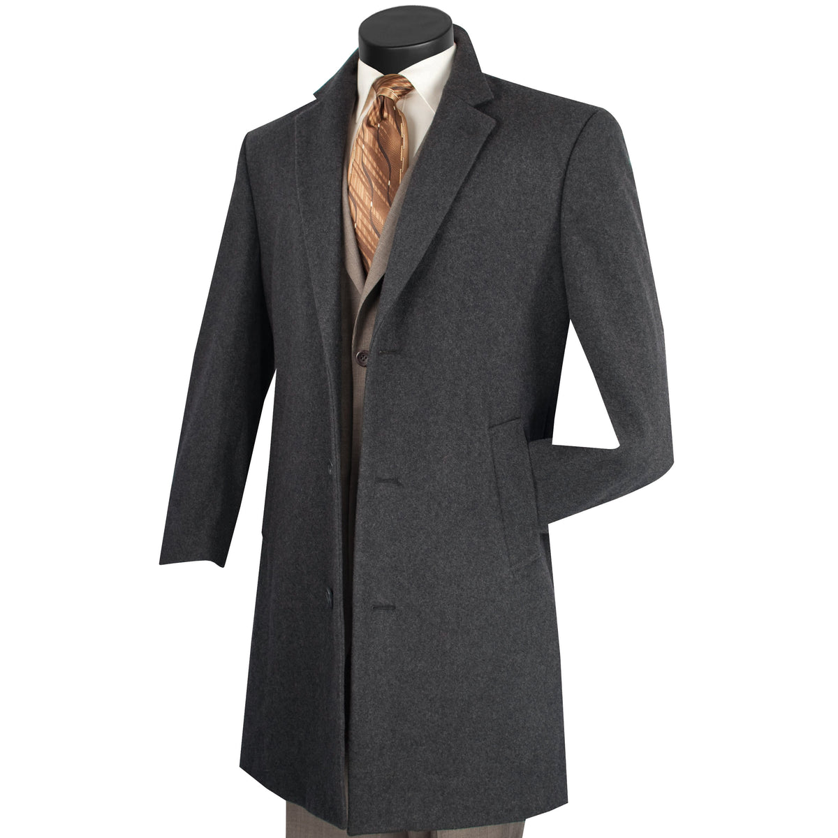VINCI Men's Charcoal Gray 2-Button 38" Long Regular Fit Car Coat – NEW. Crafted from a luxurious wool/cashmere blend with a classic notch lapel and full lining for warmth and refined style. A sophisticated essential for cold-weather occasions. Available at Fashion House Inc. (FH Menswear, Style #CL38)