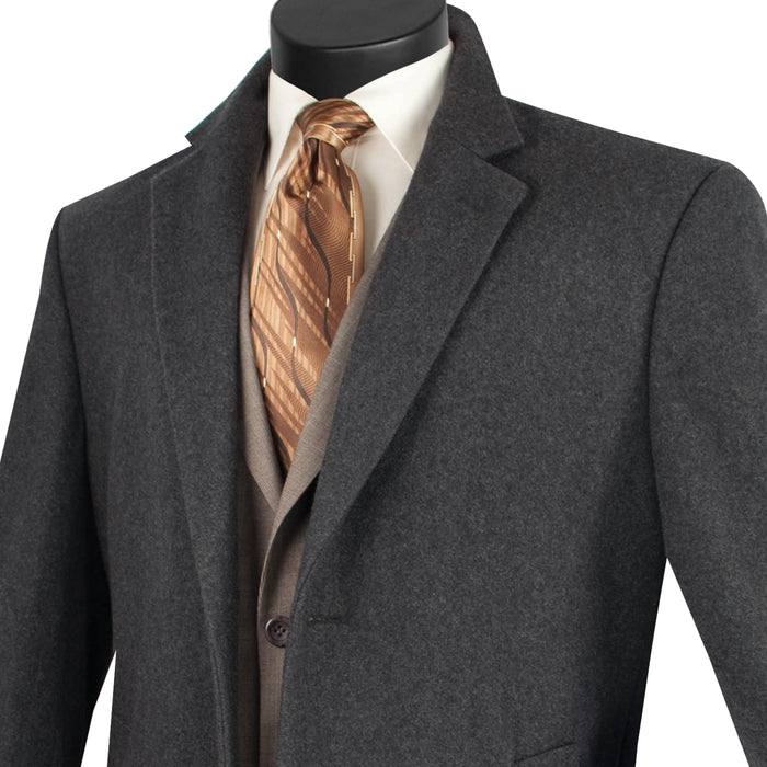 VINCI Men's Charcoal Gray 2-Button 38" Long Regular Fit Car Coat – NEW. Crafted from a luxurious wool/cashmere blend with a classic notch lapel and full lining for warmth and refined style. A sophisticated essential for cold-weather occasions. Available at Fashion House Inc. (FH Menswear, Style #CL38)