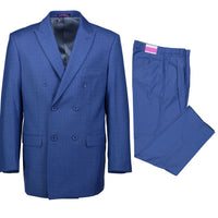 VINCI Men's Blue Plaid Double-Breasted Classic Fit Suit with Pleated Pants – NEW. Features a sharp peak lapel jacket in a bold plaid pattern and pleated trousers with unfinished hems for custom tailoring. A timeless choice for business or formal occasions. Available at Fashion House Inc. (FH Menswear, Style #D2W-5)