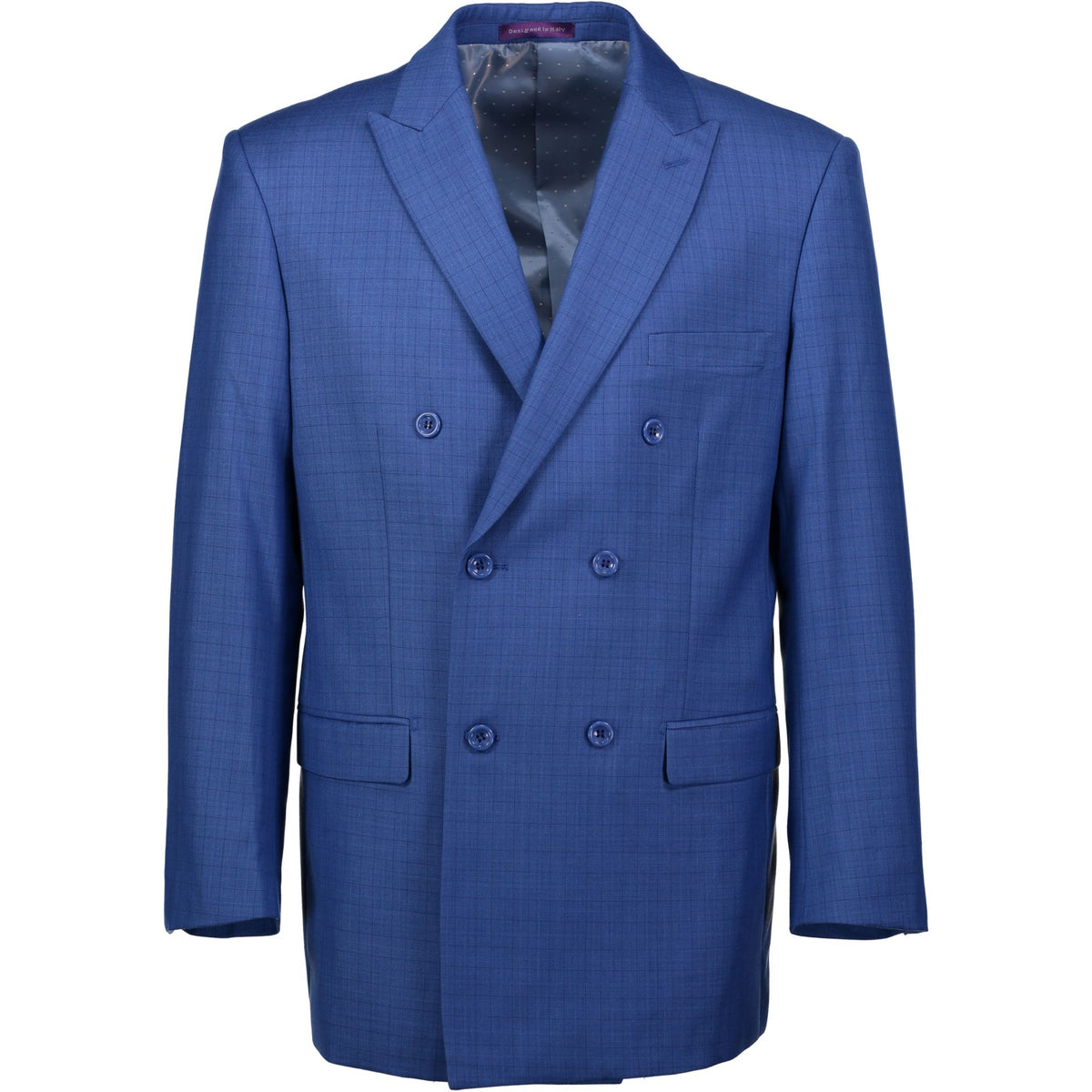 VINCI Men's Blue Plaid Double-Breasted Classic Fit Suit with Pleated Pants – NEW. Features a sharp peak lapel jacket in a bold plaid pattern and pleated trousers with unfinished hems for custom tailoring. A timeless choice for business or formal occasions. Available at Fashion House Inc. (FH Menswear, Style #D2W-5)