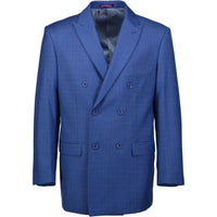 VINCI Men's Blue Plaid Double-Breasted Classic Fit Suit with Pleated Pants – NEW. Features a sharp peak lapel jacket in a bold plaid pattern and pleated trousers with unfinished hems for custom tailoring. A timeless choice for business or formal occasions. Available at Fashion House Inc. (FH Menswear, Style #D2W-5)