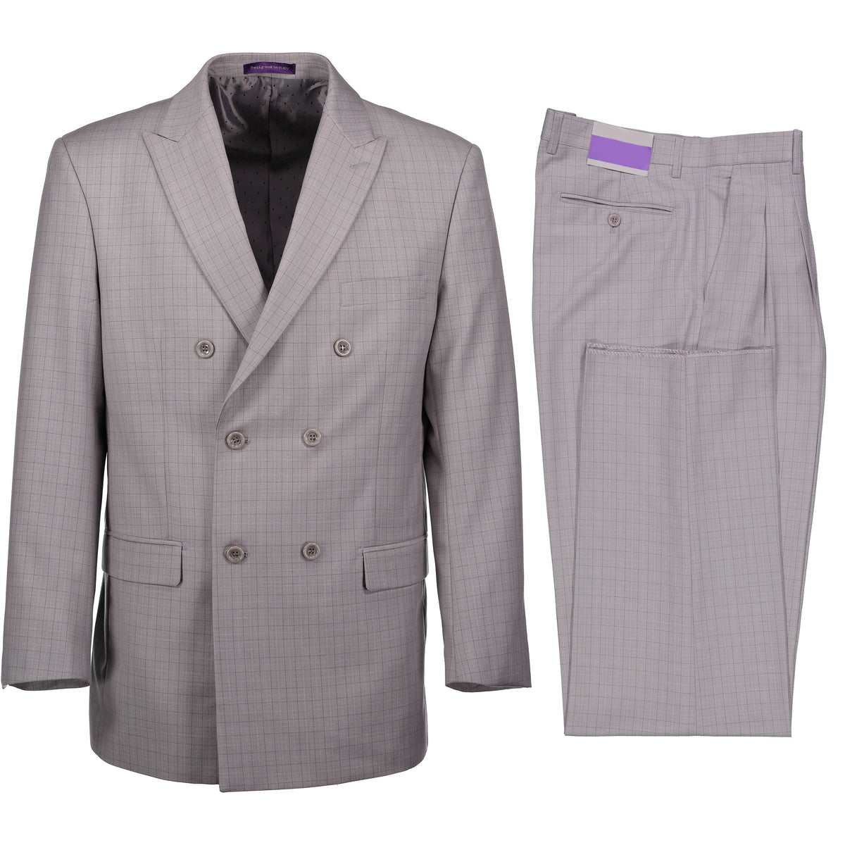VINCI Men's Plaid Double-Breasted Classic Fit Suit with Pleated Pants – NEW. Features a sharp peak lapel jacket in a bold plaid pattern and pleated trousers with unfinished hems for custom tailoring. A timeless choice for business or formal occasions. Available at Fashion House Inc. (FH Menswear, Style #D2W-5)