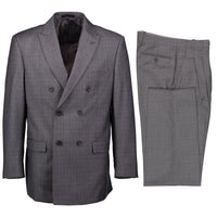 VINCI Men's Medium Gray Plaid Double-Breasted Classic Fit Suit with Pleated Pants – NEW. Features a sharp peak lapel jacket in a bold plaid pattern and pleated trousers with unfinished hems for custom tailoring. A timeless choice for business or formal occasions. Available at Fashion House Inc. (FH Menswear, Style #D2W-5)