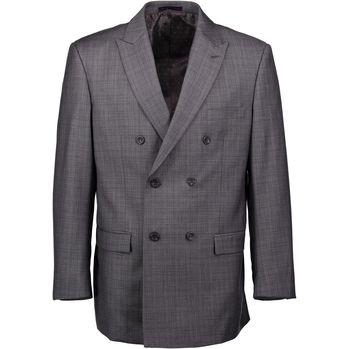 VINCI Men's Medium Gray Plaid Double-Breasted Classic Fit Suit with Pleated Pants – NEW. Features a sharp peak lapel jacket in a bold plaid pattern and pleated trousers with unfinished hems for custom tailoring. A timeless choice for business or formal occasions. Available at Fashion House Inc. (FH Menswear, Style #D2W-5)