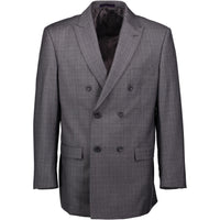 VINCI Men's Medium Gray Plaid Double-Breasted Classic Fit Suit with Pleated Pants – NEW. Features a sharp peak lapel jacket in a bold plaid pattern and pleated trousers with unfinished hems for custom tailoring. A timeless choice for business or formal occasions. Available at Fashion House Inc. (FH Menswear, Style #D2W-5)