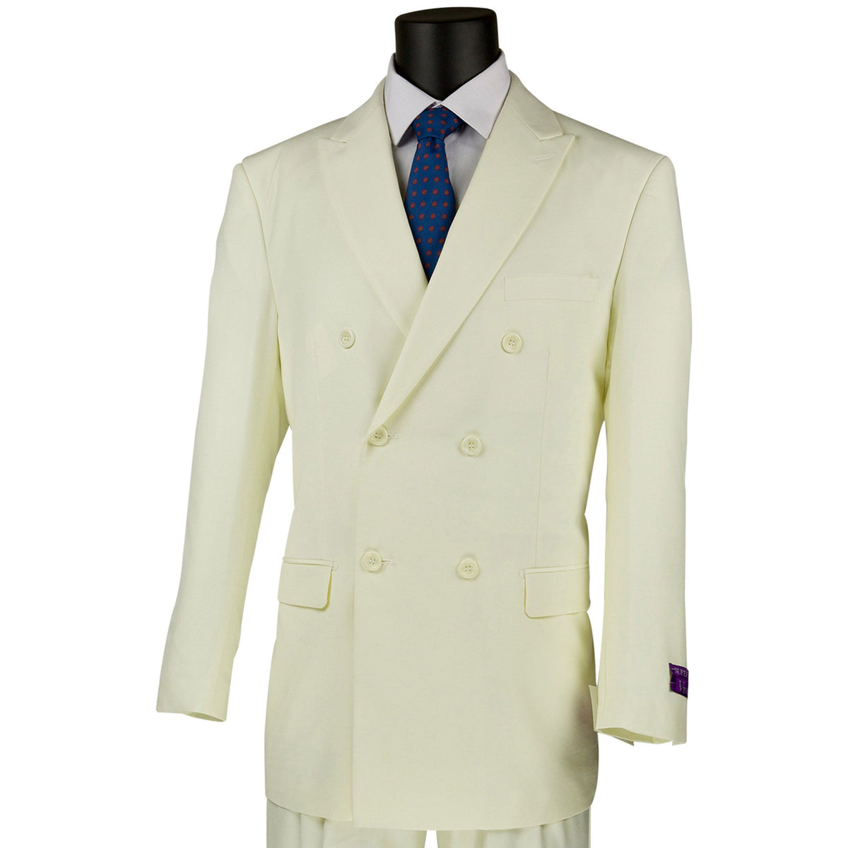 VINCI Men's Ivory Double Breasted 6 Button Classic Fit Suit – NEW. Features a refined peak lapel jacket in a traditional full-cut silhouette and classic-fit pants with unfinished hems for custom tailoring. A timeless choice for business or formal wear. Available at Fashion House Inc. (FH Menswear, Style #DC900-1)
